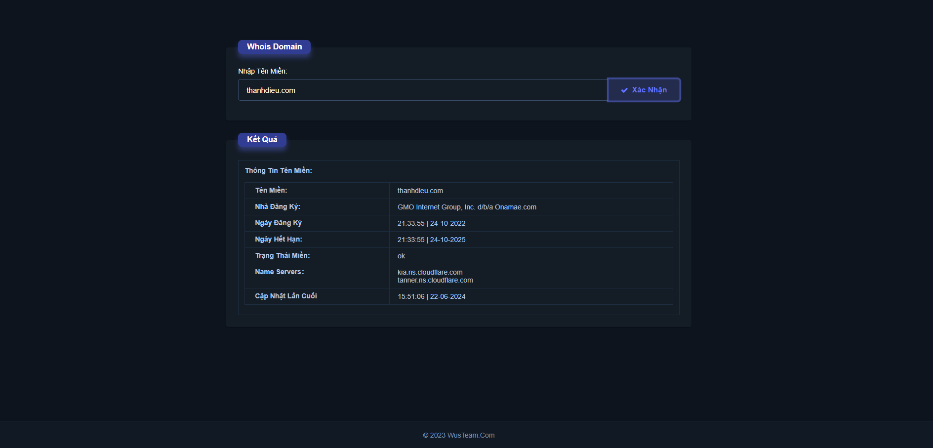  WHOIS DOMAIN TRA CỨU TÊN MIỀN ĐÃ TÍCH HỢP SẴN API - WusTeam